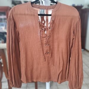 Worthington Lace-Up Blouse in Rich Tan